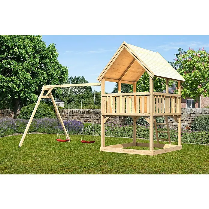 Karibu Kinderspielturm Luis Set 4 - L x B x H: 264 x 440 x 345 cm, Natur - Holzspielplatz mit Schaukel und Spielturm. Ideal für Kinder zum Spielen im Freien.