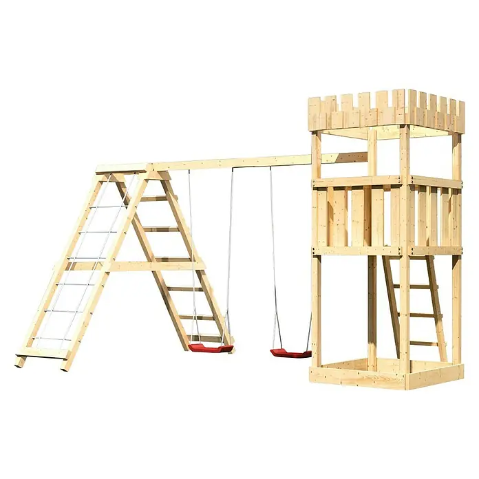 Karibu Kinderspielturm Ritterburg Löwenherz Set 5 - L x B x H: 264 x 415 x 259,5 cm, Natur - Hölzerner Spielplatz mit Schaukel und Turm für Kinder zum Spielen und Spaß haben. Ein tolles Spielgerät für den Garten.