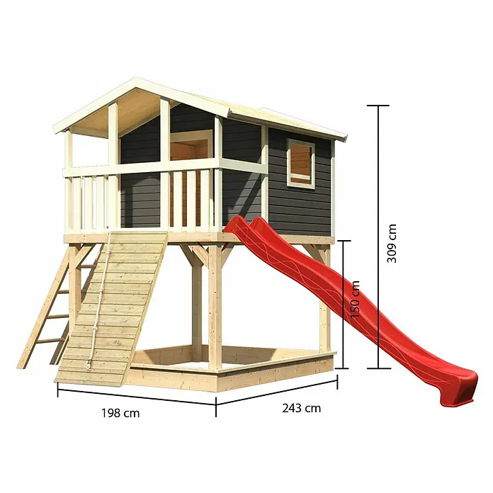 Karibu Spielhaus Benjamin Set 18 - L x B x H: 244 cm x 198 mm x 309 cm, Holz, Terragrau - Abbildung eines Kinderspielhauses mit Rutsche und Sandkasten mit den Maßen 198 cm x 243 cm x 309 cm.