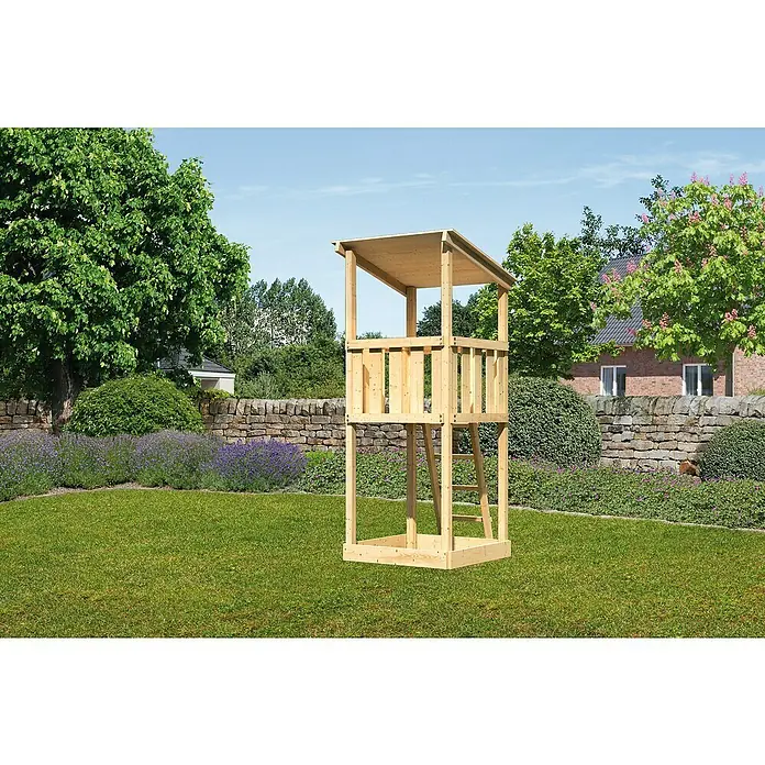 Karibu Kinderspielturm Anna Set 1 - L x B x H: 107 x 107 x 270 cm, Natur - Ein zweistöckiger Spielturm aus Holz steht auf einem Rasen im Garten. Der Turm verfügt über ein Dach und eine kleine Leiter zum Aufsteigen.