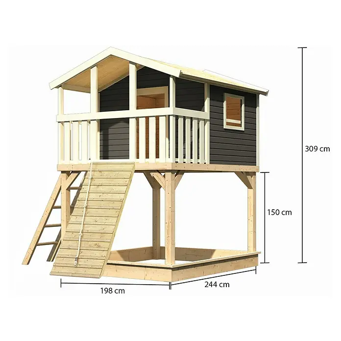 Karibu Spielhaus Benjamin Set 10 - L x B x H: 244 cm x 198 mm x 309 cm, Holz, Terragrau - Abbildung eines Holzspielhauses mit Rutsche, Leiter und Sandkasten mit den Maßen 309 cm Höhe, 198 cm Breite und 244 cm Tiefe.