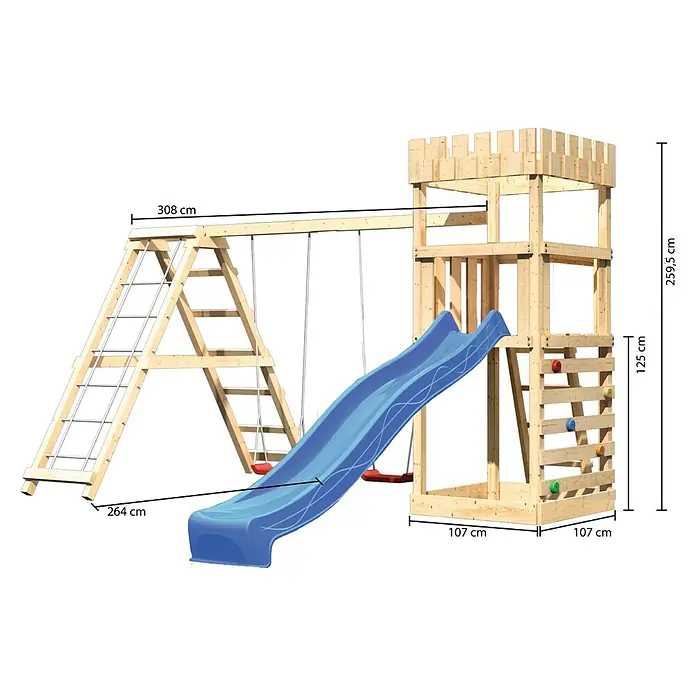 Karibu Kinderspielturm Ritterburg Löwenherz Set 37 - L x B x H: 264 x 415 x 259,5 cm, Natur/Blau - Bild eines Spielturms mit Rutsche, Schaukel und Kletterwand, ideal für Kinder zum Spielen und Austoben im Garten.
