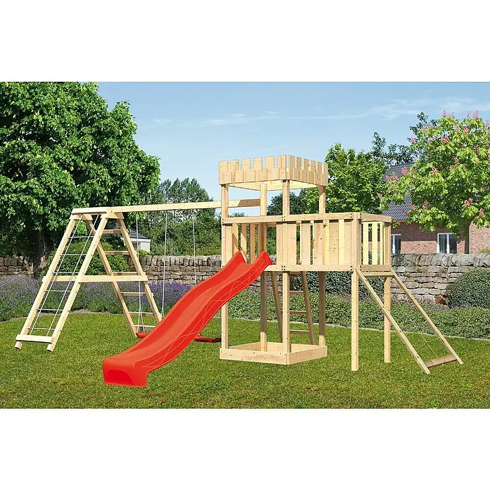Karibu Kinderspielturm Ritterburg Löwenherz Set 50 - L x B x H: 264 x 522 x 259,5 cm, Natur/Rot - Holzspielplatz mit Rutsche, Schaukel und Kletterturm im Garten. Ideal für Kinder zum Spielen im Freien.