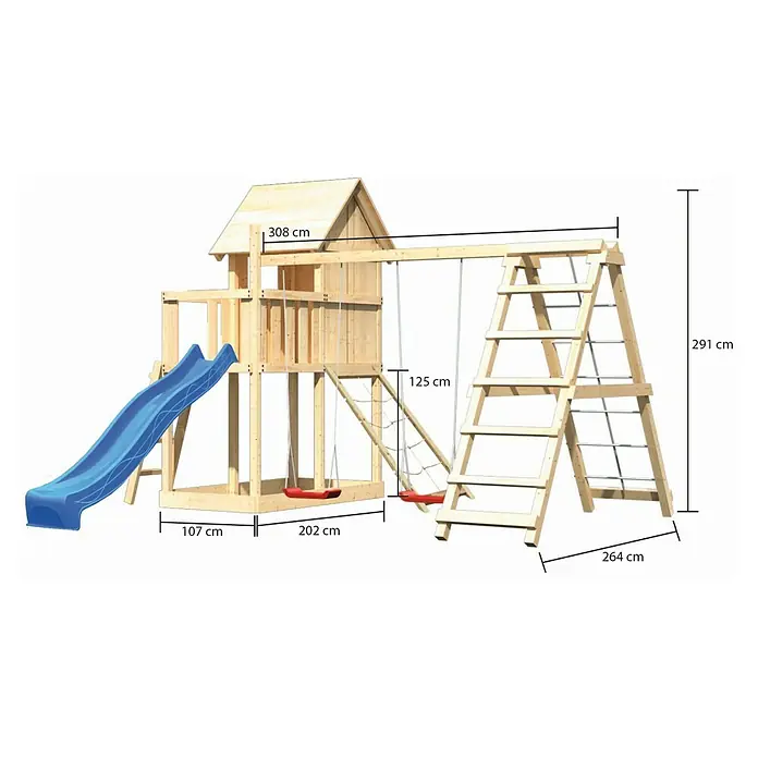 Karibu Kinderspielturm Frieda Set 33 - L x B x H: 264 x 415 x 291 cm, Natur - Abbildung eines hölzernen Kinderspielhauses mit Rutsche, Schaukeln und Klettergerüst, inklusive Maßangaben.