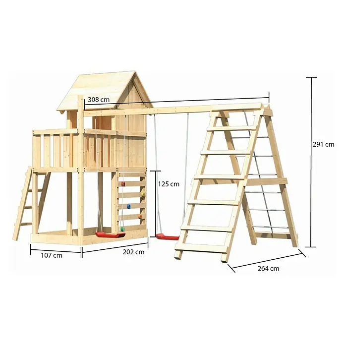 Karibu Kinderspielturm Frieda Set 24 - L x B x H: 264 x 415 x 291 cm, Natur - Abbildung eines hölzernen Kinderspielhauses mit Schaukel, Kletterwand und Leiter. Das Spielhaus ist mit Maßangaben versehen.