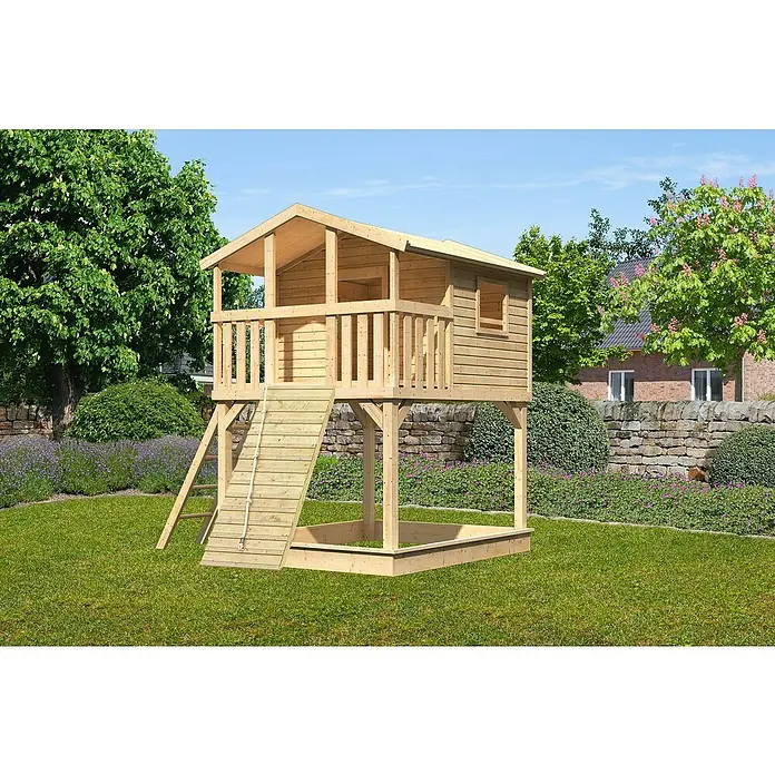 Karibu Spielhaus - L x B x H: 244 cm x 198 mm x 309 cm, Holz, Natur - Stilvolles hölzernes Spielhaus für Kinder mit Sandkastenbereich und Rampe zum sicheren Spielen im Garten.