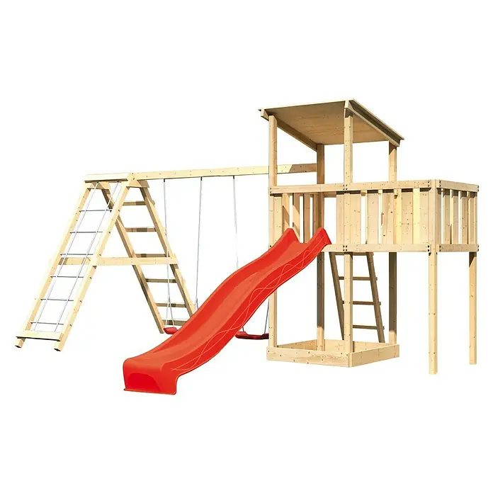 Karibu Kinderspielturm Anna Set 30 - L x B x H: 264 x 522 x 270 cm, Natur - Detailansicht eines Holzspielplatzes mit Rutsche, Schaukel und Kletterturm, ideal für den Garten.
