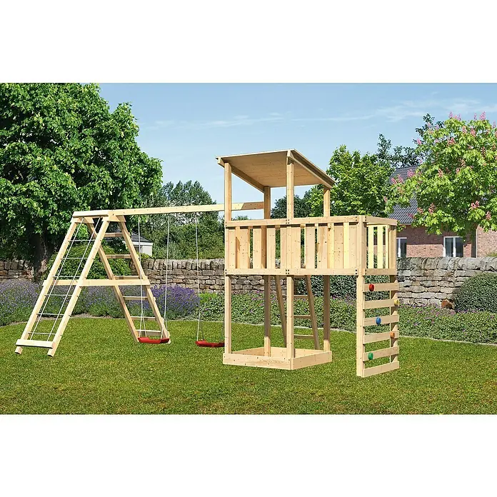 Karibu Kinderspielturm Anna Set 46 - L x B x H: 264 x 522 x 270 cm, Natur - Ein vielseitiges Spielgerät aus Holz mit Schaukeln, Kletterwand und Turm für stundenlangen Spaß im Garten.