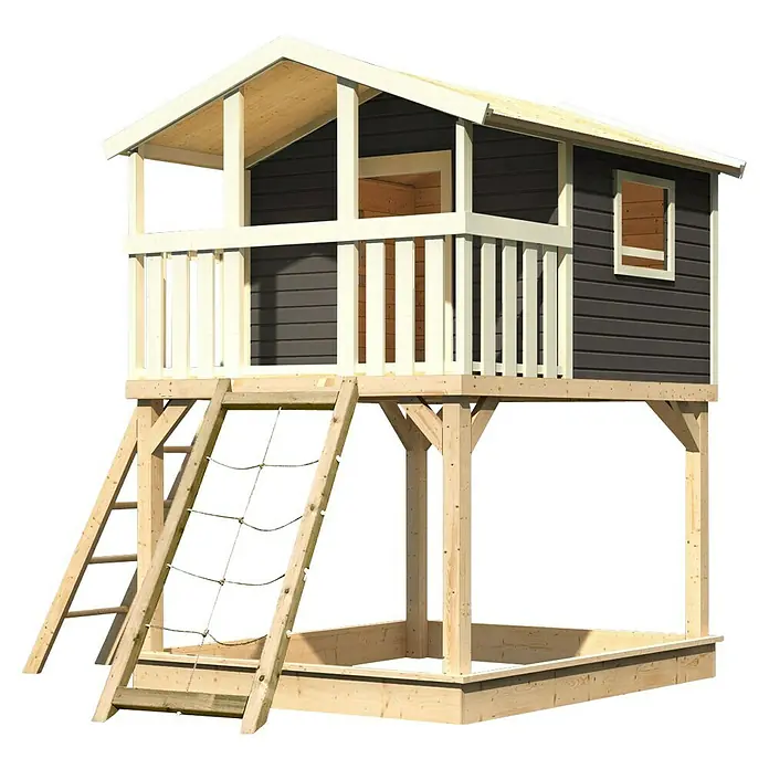 Karibu Spielhaus - L x B x H: 244 cm x 198 mm x 309 cm, Holz, Terragrau - Ein Spielhaus aus Holz mit Leiter und Sandkasten für Kinder zum Spielen im Garten. Das Haus ist mit einer Veranda ausgestattet.