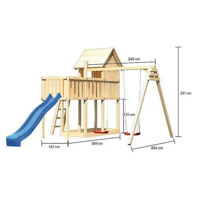 Karibu Kinderspielturm Frieda Set 27 - L x B x H: 309 x 347 x 291 cm, Natur - Abbildung eines Spielplatzes aus Holz mit Schaukel und Rutsche, mit Größenangaben versehen.