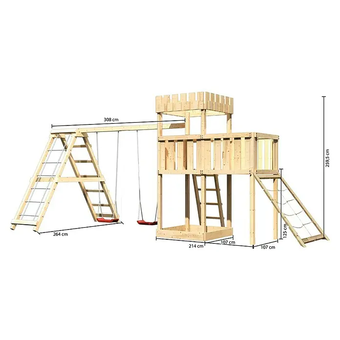 Karibu Kinderspielturm Ritterburg Löwenherz Set 44 - L x B x H: 264 x 522 x 259,5 cm, Natur - Produktansicht eines hölzernen Spielturms mit Schaukel und Klettergerüst, ideal für Kinder zum Spielen im Freien.