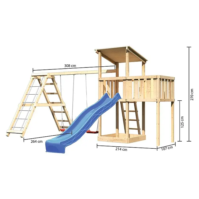 Karibu Kinderspielturm Anna Set 29 - L x B x H: 264 x 522 x 270 cm, Natur - Ein detailreiches Bild eines Holzspielplatzes mit Schaukel, Rutsche, Klettergerüst und Turm, inklusive Maßangaben.