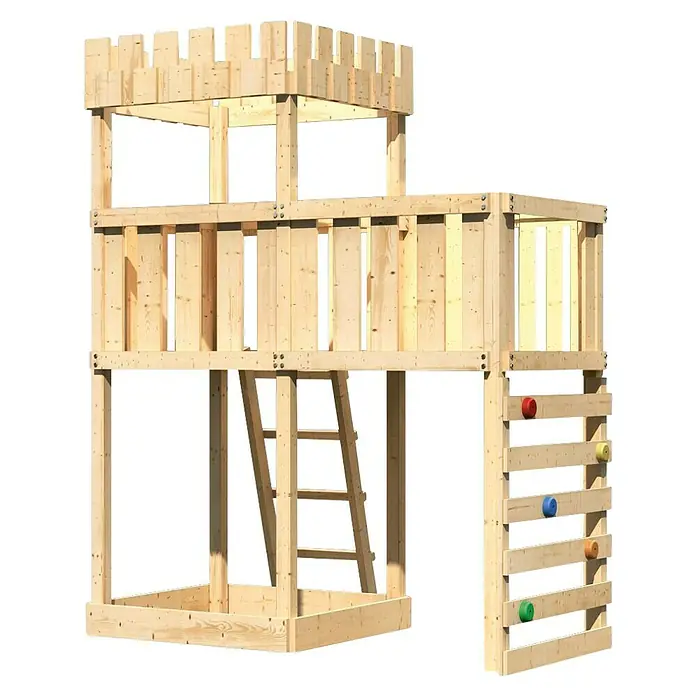 Karibu Kinderspielturm Ritterburg Löwenherz Set 26 - L x B x H: 107 x 214 x 259,5 cm, Natur - Bild eines hölzernen Spielturms mit Kletterwand und Leiter, ideal für den Garten.