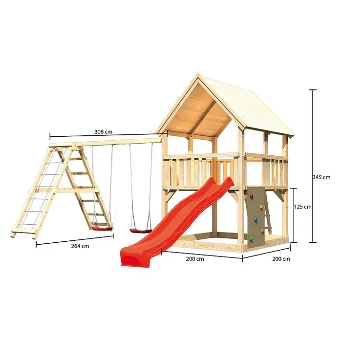 Karibu Kinderspielturm Luis Set 27 - L x B x H: 264 x 508 x 345 cm, Natur/Rot - Produktansicht eines hölzernen Kinderspielhauses mit Schaukel, Rutsche, Kletterwand und den Maßen 345x308x264x200x125 cm.