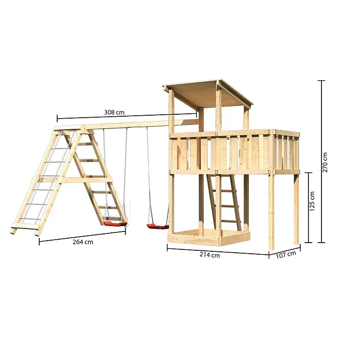Karibu Kinderspielturm Anna Set 20 - L x B x H: 264 x 522 x 270 cm, Natur - Abmessungen eines Holzspielplatzes mit Schaukel und Klettergerüst, inklusive Höhen-, Breiten- und Längenangaben.