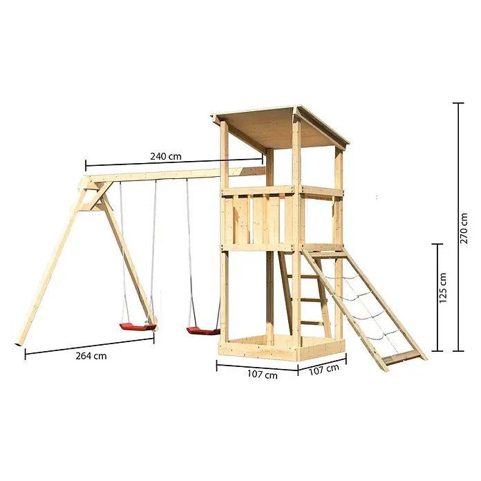 Karibu Kinderspielturm Anna Set 21 - L x B x H: 264 x 347 x 270 cm, Natur - Produktdiagramm des Spielturms mit Schaukel und Kletterwand mit detaillierten Abmessungen und Angaben zur Größe.
