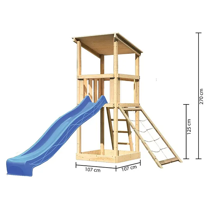 Karibu Kinderspielturm Anna Set 15 - L x B x H: 107 x 107 x 270 cm, Natur - Abbildung eines Spielturms mit Rutsche, Kletterwand und Leiter. Der Turm ist aus hellem Holz gefertigt und hat die Maße 107 x 107 x 270 cm.