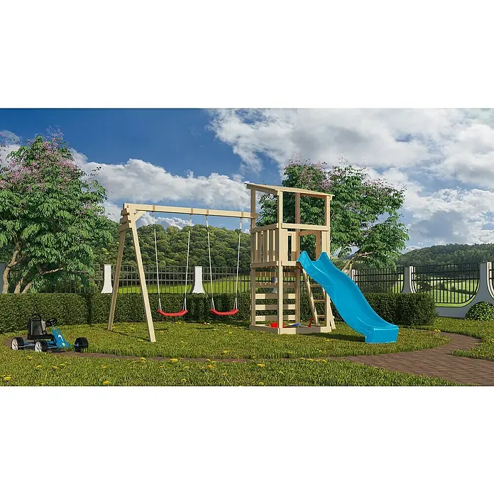 Karibu Kinderspielturm Anna Set 35 - L x B x H: 264 x 347 x 270 cm, Natur - Ein hölzerner Spielplatz mit Schaukeln und Rutsche im Garten, perfekt für Kinder zum Spielen und Spaß haben im Freien.