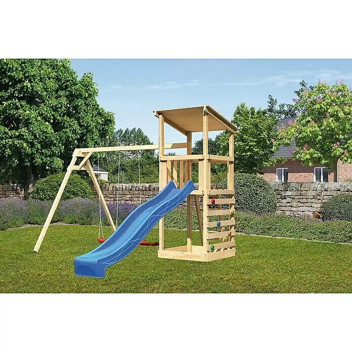 Karibu Kinderspielturm Anna Set 35 - L x B x H: 264 x 347 x 270 cm, Natur - Hölzernes Spielturm mit blauer Rutsche, Schaukeln und Kletterwand.