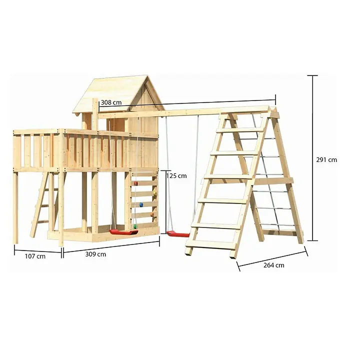 Karibu Kinderspielturm Frieda Set 46 - L x B x H: 309 x 415 x 291 cm, Natur - Abbildung eines Holzspielplatzes mit Schaukeln, Kletterwand und Leiter. Die Maße des Spielplatzes sind auf dem Bild angegeben.
