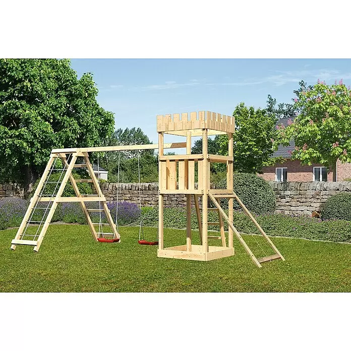 Karibu Kinderspielturm Ritterburg Löwenherz Set 22 - L x B x H: 264 x 415 x 259,5 cm, Natur - Stimmungsaufnahme