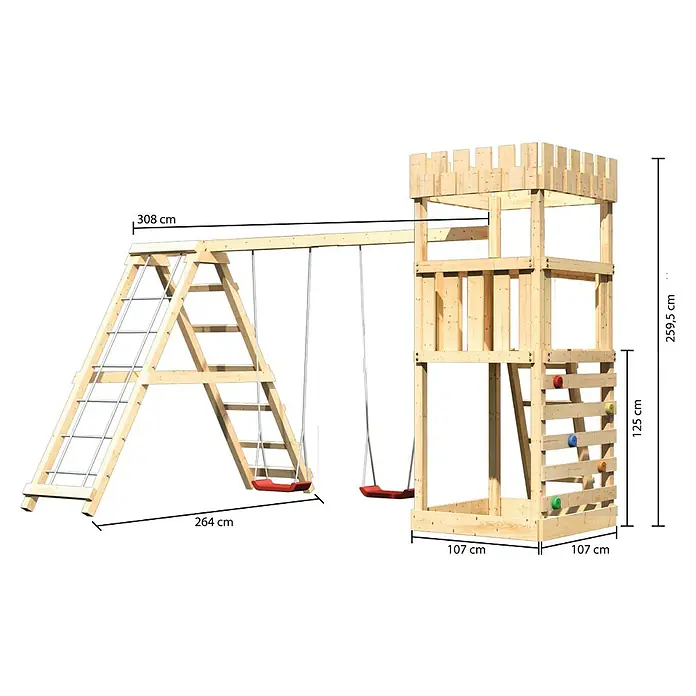 Karibu Kinderspielturm Ritterburg Löwenherz Set 24 - L x B x H: 264 x 415 x 259,5 cm, Natur - Das Bild zeigt einen hölzernen Spielturm mit Schaukel und Kletterwand, ideal für Kinder zum Spielen und Austoben im Garten.