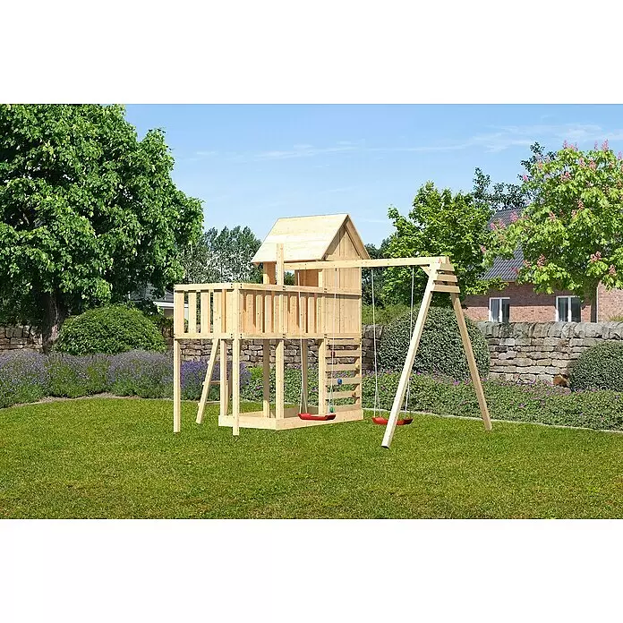 Karibu Kinderspielturm Frieda Set 45 - L x B x H: 264 x 247 x 291 cm, Natur - Spielplatz aus Naturholz mit Spielhaus, Schaukeln und Kletterwand im Garten.