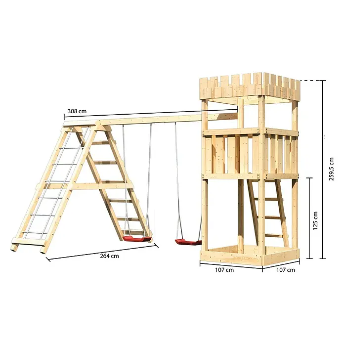 Karibu Kinderspielturm Ritterburg Löwenherz Set 5 - L x B x H: 264 x 415 x 259,5 cm, Natur - Abbildung eines Spielturms aus Holz mit Schaukel und Klettergerüst, inklusive Maßangaben für die verschiedenen Elemente.