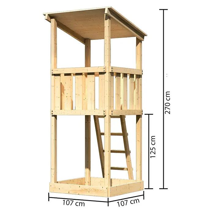 Karibu Kinderspielturm Anna Set 1 - L x B x H: 107 x 107 x 270 cm, Natur - Produktbild eines Holzspielturms mit den Maßen 107 x 107 x 270 cm, inklusive einer Leiter mit 125 cm Höhe. Ideal für den Garten.