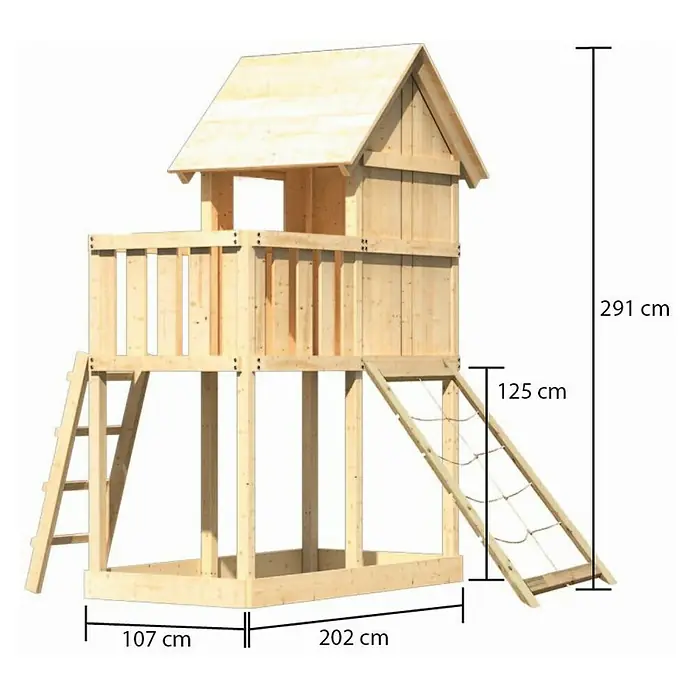 Karibu Kinderspielturm Frieda Set 7 - L x B x H: 202 x 107 x 291 cm, Natur - Abbildung eines zweistöckigen Spielhauses aus Holz mit Rutsche und Leiter, versehen mit Maßangaben.
