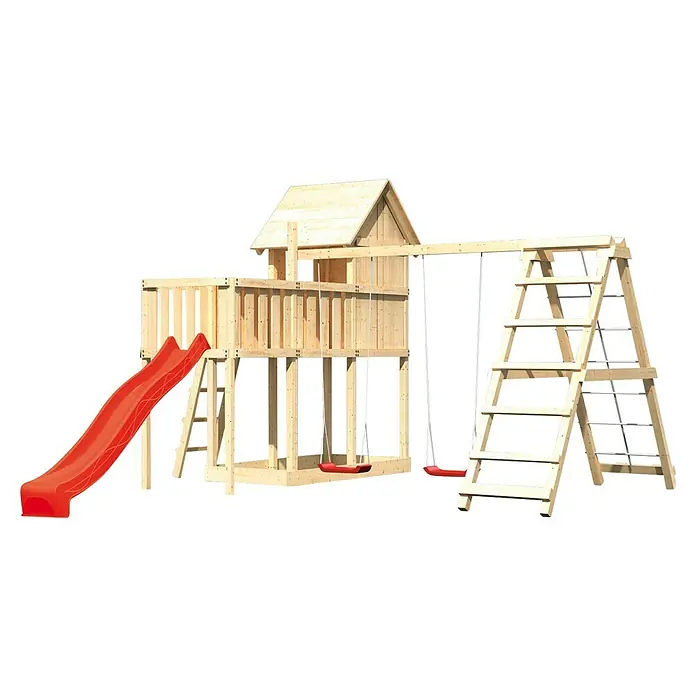 Karibu Kinderspielturm Frieda Set 30 - L x B x H: 309 x 415 x 291 cm, Natur - Abenteuerlicher Spielplatz mit Rutsche, Schaukeln und Klettergerüst aus hellem Holz für stundenlangen Spaß im Freien.