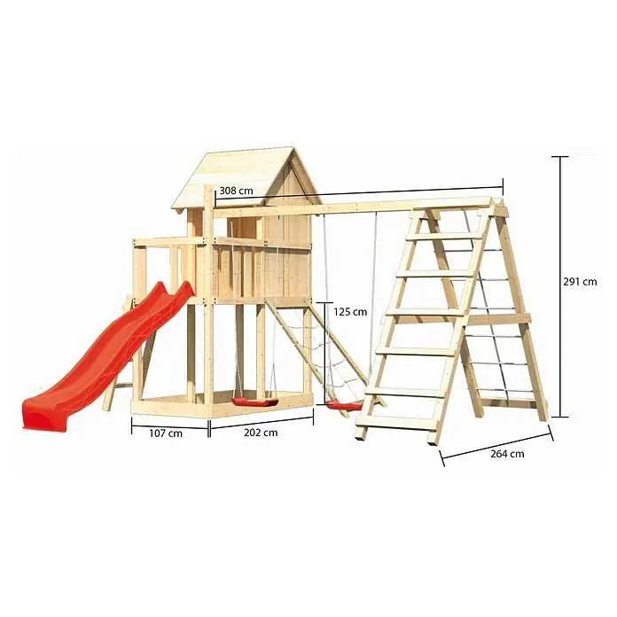 Karibu Kinderspielturm Frieda Set 34 - L x B x H: 264 x 315 x 291 cm, Natur - Abbildung eines Kinderspielplatzes aus Holz mit Rutsche, Schaukeln, Kletterwand und Turm mit den entsprechenden Maßen.