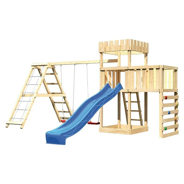 Karibu Kinderspielturm Ritterburg Löwenherz Set 53 - L x B x H: 264 x 522 x 259,5 cm, Natur/Blau - Ein beeindruckender Spielturm mit Rutsche, Schaukel und Kletterwand für stundenlangen Spielspaß im Freien.