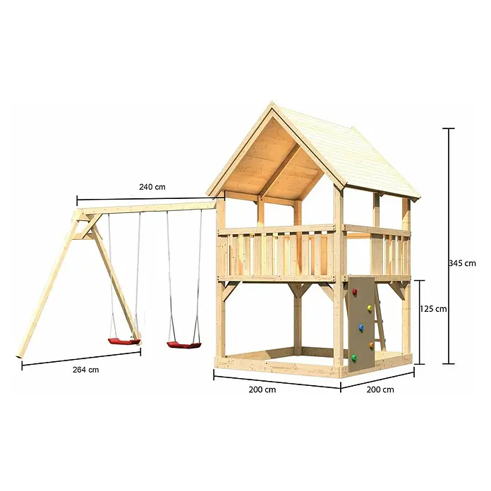 Karibu Kinderspielturm Luis Set 18 - L x B x H: 264 x 440 x 345 cm, Natur - Bild des hölzernen Spielhauses mit Schaukel und Kletterwand für Kinder mit den Maßangaben.