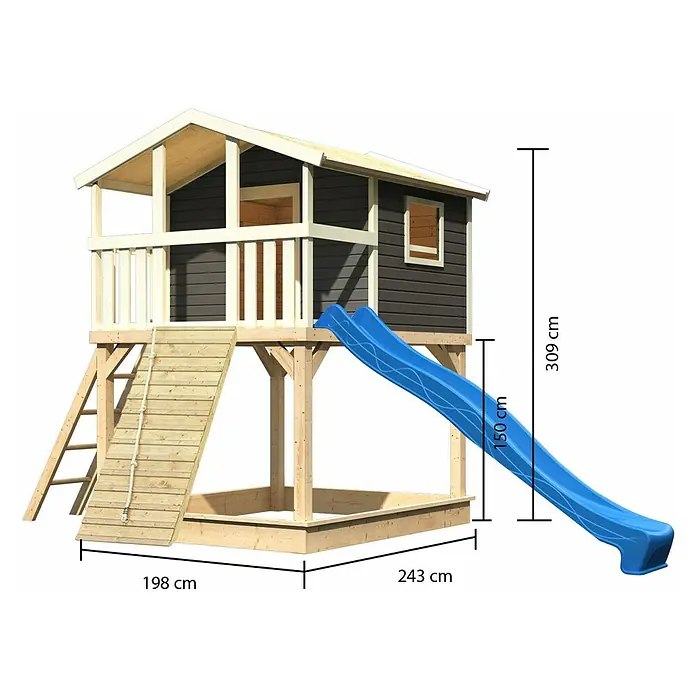 Karibu Spielhaus Benjamin Set 17 - L x B x H: 244 cm x 198 mm x 309 cm, Holz, Terragrau - Holzspielhaus mit Rutsche und Sandkasten. Ideal für Kinder zum Spielen und Toben im Garten.