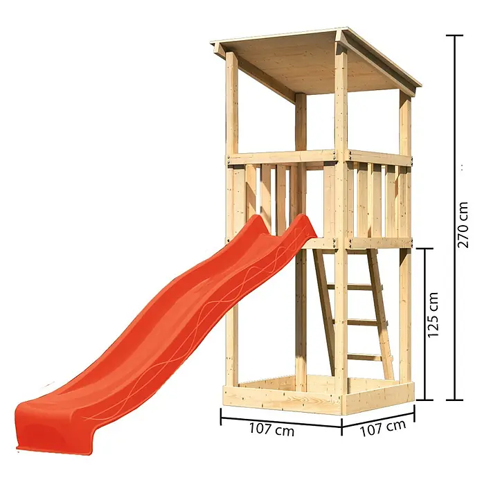 Karibu Kinderspielturm Anna Set 3 - L x B x H: 107 x 107 x 270 cm, Natur - Abbildung eines Spielturms mit roter Rutsche und den Maßen 270 cm Höhe, 107 cm Breite und 125 cm Höhe des Podests.