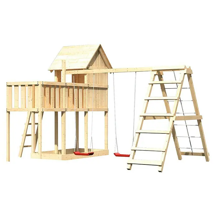 Karibu Kinderspielturm Frieda Set 20 - L x B x H: 264 x 415 x 291 cm, Natur - Ein hölzernes Spielhaus mit Schaukel und Kletterleiter vor schwarzem Hintergrund bietet Kindern Spaß und Abenteuer im Garten.