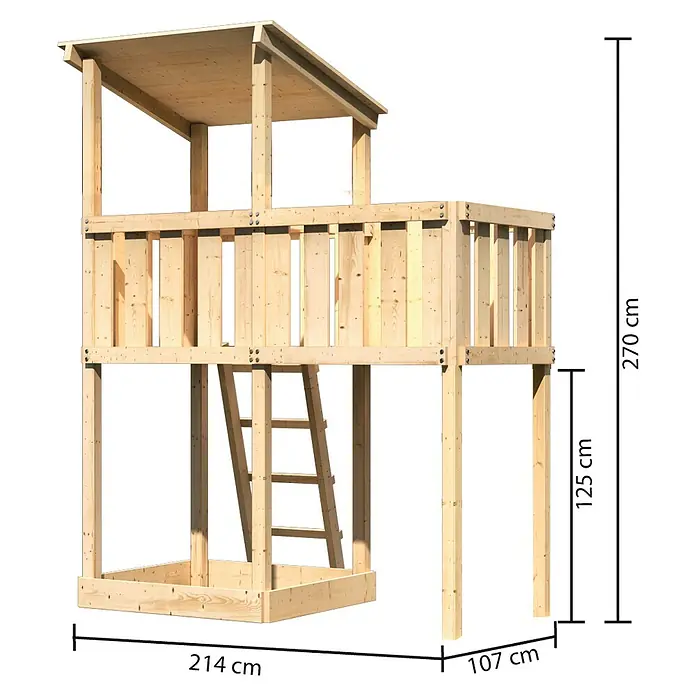 Karibu Kinderspielturm Anna Set 6 - L x B x H: 107 x 214 x 270 cm, Natur - Abbildung eines zweistöckigen Spielhauses aus Holz mit den Maßen 270 cm Höhe, 214 cm Breite und 107 cm Tiefe.