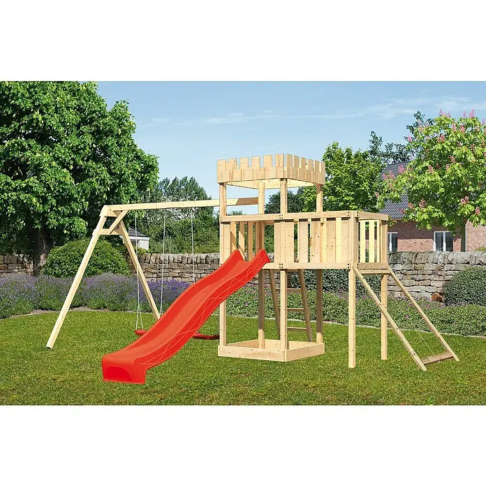 Karibu Kinderspielturm Ritterburg Löwenherz Set 48 - L x B x H: 264 x 454 x 259,5 cm - Ein hölzerner Spielturm mit Rutsche und Schaukel, perfekt für stundenlangen Spaß im Garten. Ideal für Kinder zum Klettern, Rutschen und Schaukeln.