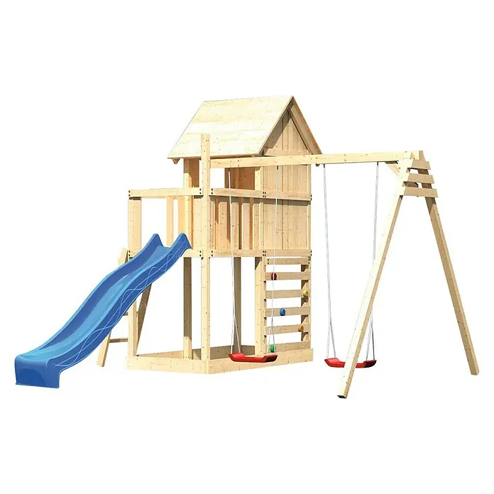 Karibu Kinderspielturm Frieda Set 35 - L x B x H: 264 x 347 x 291 cm, Natur - Abenteuerlicher Spielplatz aus Holz mit Rutsche, Schaukeln und Kletterwand für stundenlangen Spaß im Freien.