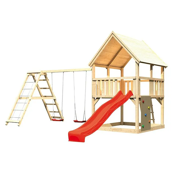 Karibu Kinderspielturm Luis Set 27 - L x B x H: 264 x 508 x 345 cm, Natur/Rot - Holzspielplatz mit Rutsche, Schaukel und Kletterwand bietet viel Spaß im Garten. Ideal zum Spielen und Toben im Freien.