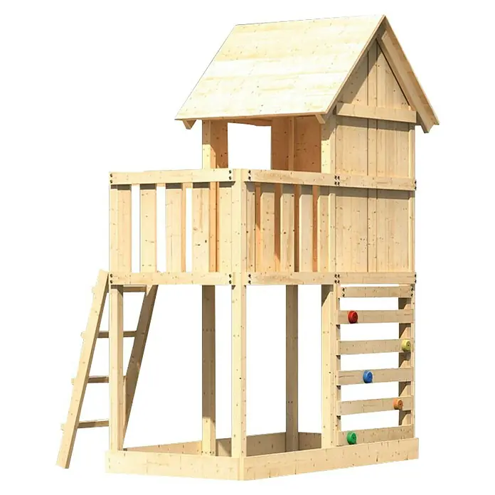 Karibu Kinderspielturm Frieda Set 8 - L x B x H: 202 x 107 x 291 cm, Natur - Ein hölzernes Spielhaus für Kinder mit Leiter und Kletterwand. Ideal für den Garten und zum Austoben im Freien.