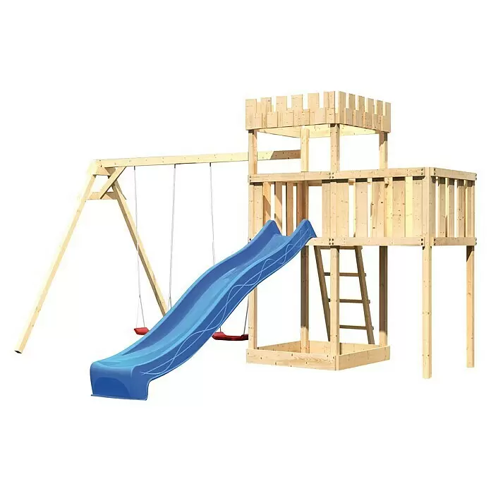 Karibu Kinderspielturm Ritterburg Löwenherz Set 27L x B x H: 264 x 454 x 259,5 cm, Natur/Blau