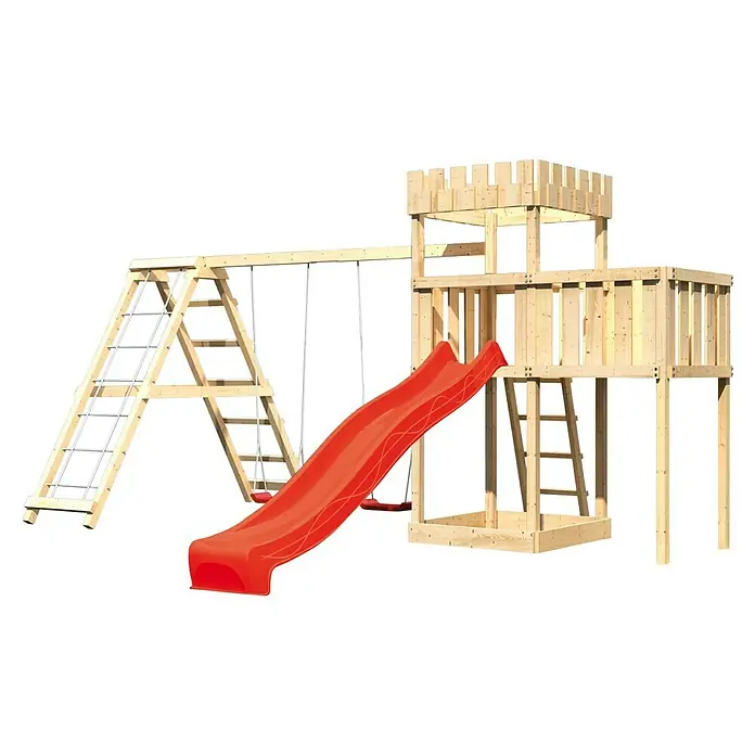 Karibu Kinderspielturm Ritterburg Löwenherz Set 30 - L x B x H: 264 x 522 x 259,5 cm, Natur/Rot - Spielplatzgerät mit Rutsche, Schaukel und Kletterturm aus hellem Holz, ideal für Kinder zum Spielen und Toben im Freien.