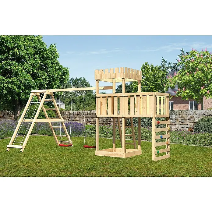 Karibu Kinderspielturm Ritterburg Löwenherz Set 46 - L x B x H: 264 x 522 x 259,5 cm, Natur - Holzspielplatz mit Schaukeln, Kletterwand und Turm mit Burgzinnen für stundenlangen Spielspaß im Garten. Perfekt zum Austoben und kreativen Spielen.