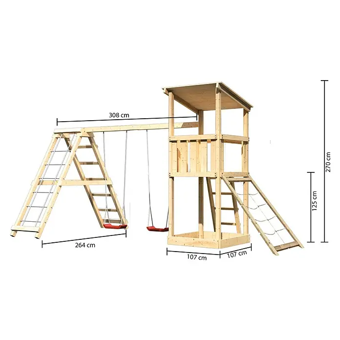 Karibu Kinderspielturm Anna Set 22 - L x B x H: 264 x 415 x 270 cm, Natur - Abbildung eines Spielturms aus Holz mit Schaukel und Klettergerüst, inklusive Maße für Höhe, Breite und Tiefe zur einfachen Planung.