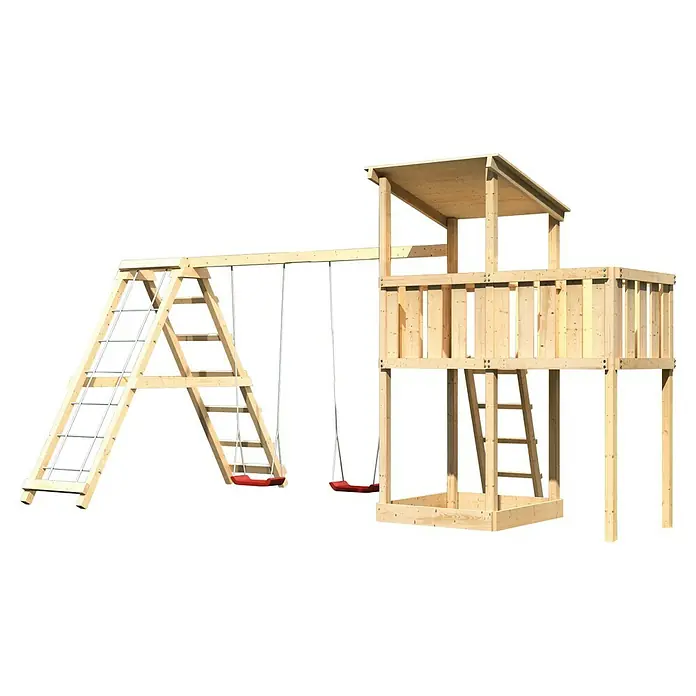 Karibu Kinderspielturm Anna Set 20 - L x B x H: 264 x 522 x 270 cm, Natur - Holzspielplatz mit Schaukeln, Leiter und Spielturm für Kinder. Ideal für den Garten zum Spielen und Toben im Freien.