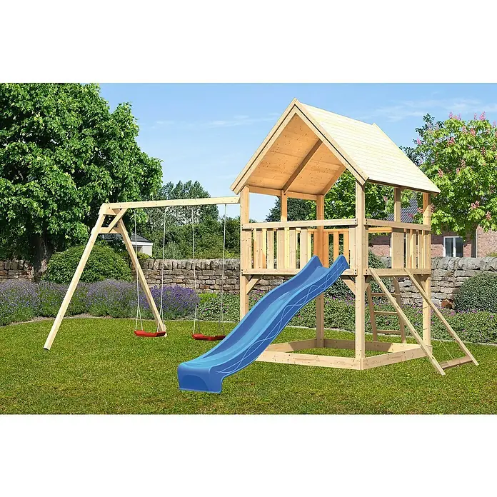 Karibu Kinderspielturm Luis Set 20 - L x B x H: 264 x 440 x 345 cm, Natur/Blau - Hölzernes Spielhaus mit Rutsche und Schaukel für Kinder zum Spielen und Spaß haben im Garten.