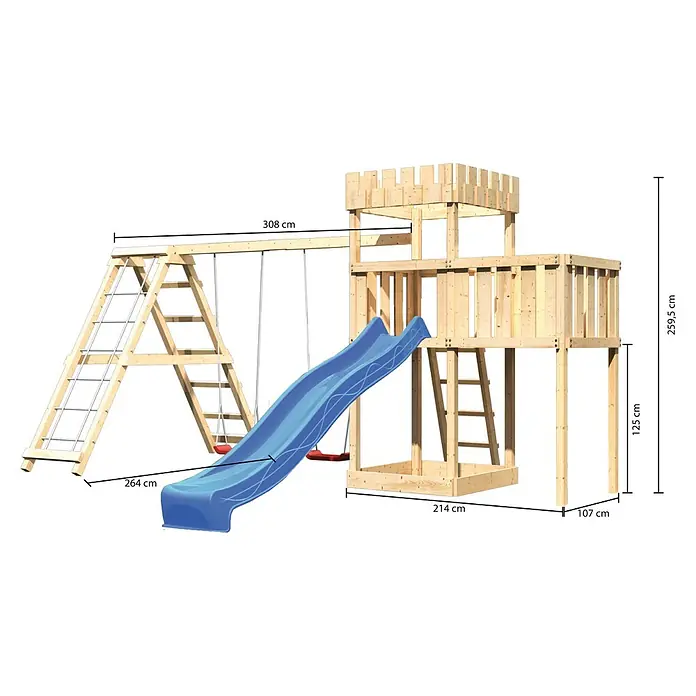 Karibu Kinderspielturm Ritterburg Löwenherz Set 29 - L x B x H: 264 x 522 x 259,5 cm, Natur/Blau - Abbildung eines Spielturms mit Schaukel, Rutsche und Kletterleiter, inklusive Maßangaben für alle Seiten.