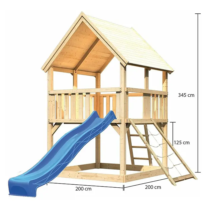 Karibu Kinderspielturm Luis Set 12 - L x B x H: 200 x 200 x 345 cm, Natur/Blau - Illustration eines hölzernen Kinderspielhauses mit Rutsche und Kletterwand, mit Größenangaben versehen.